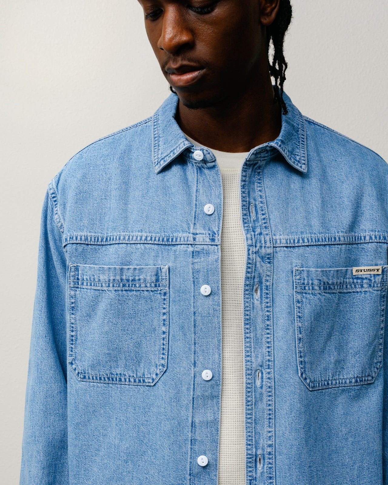 Work Denim Shirt Mens Long Sleeve In Light Denim