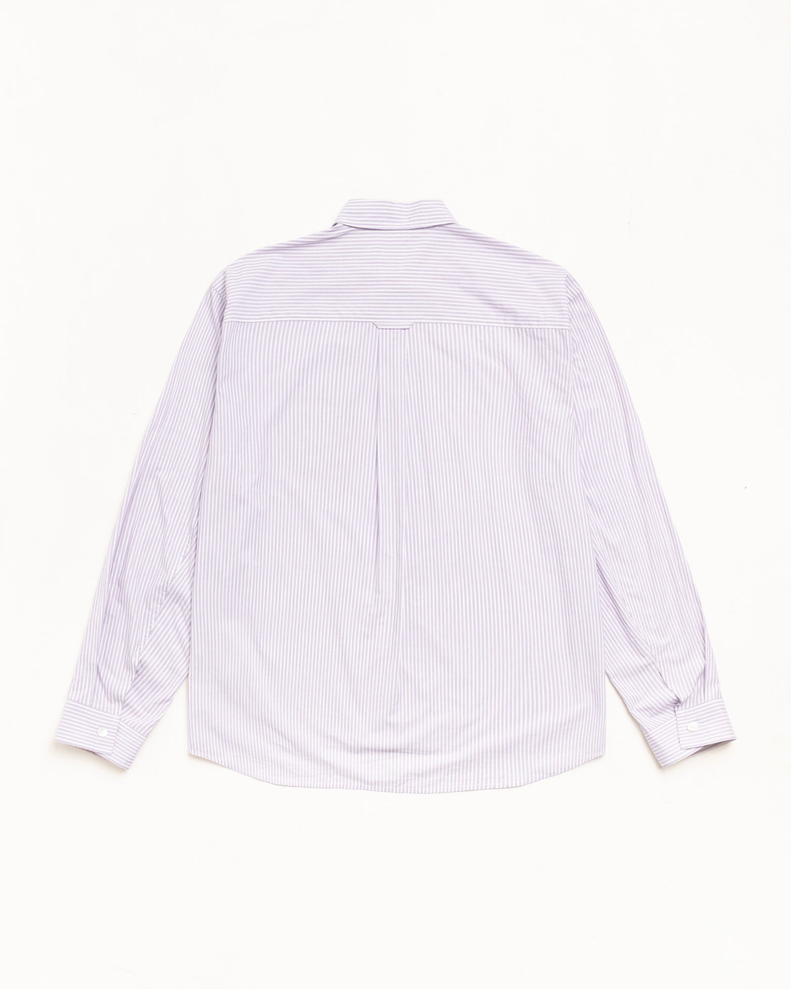 Standard LS Shirt button-up unisex long sleeve in purple stripe, back view with yoke pleat
