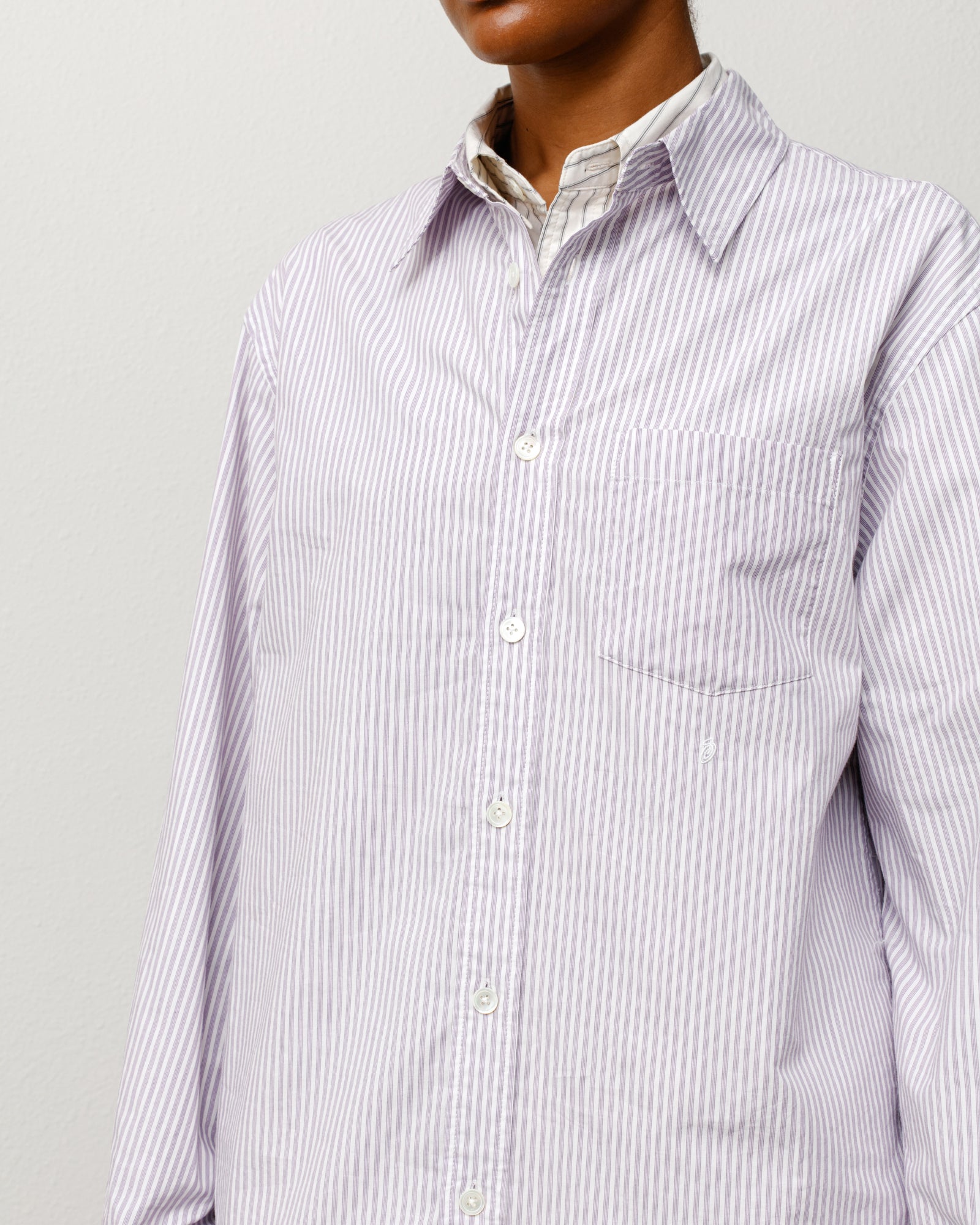 Purple stripe unisex long-sleeve cotton shirt with button front and chest pocket