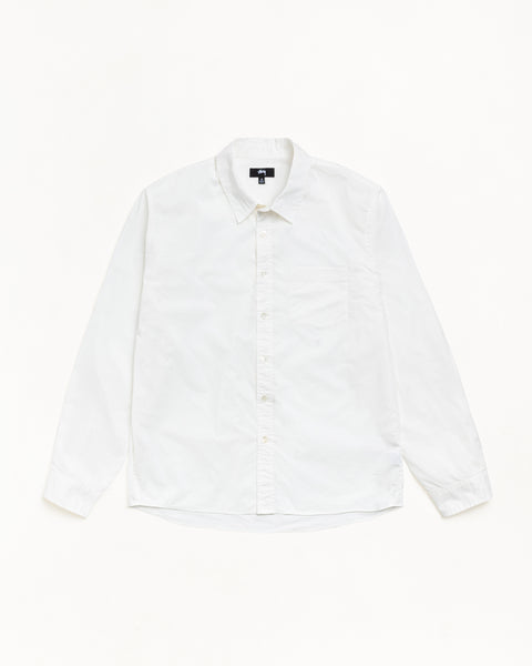 Unisex white long-sleeve button-through shirt with chest pocket and curved hem