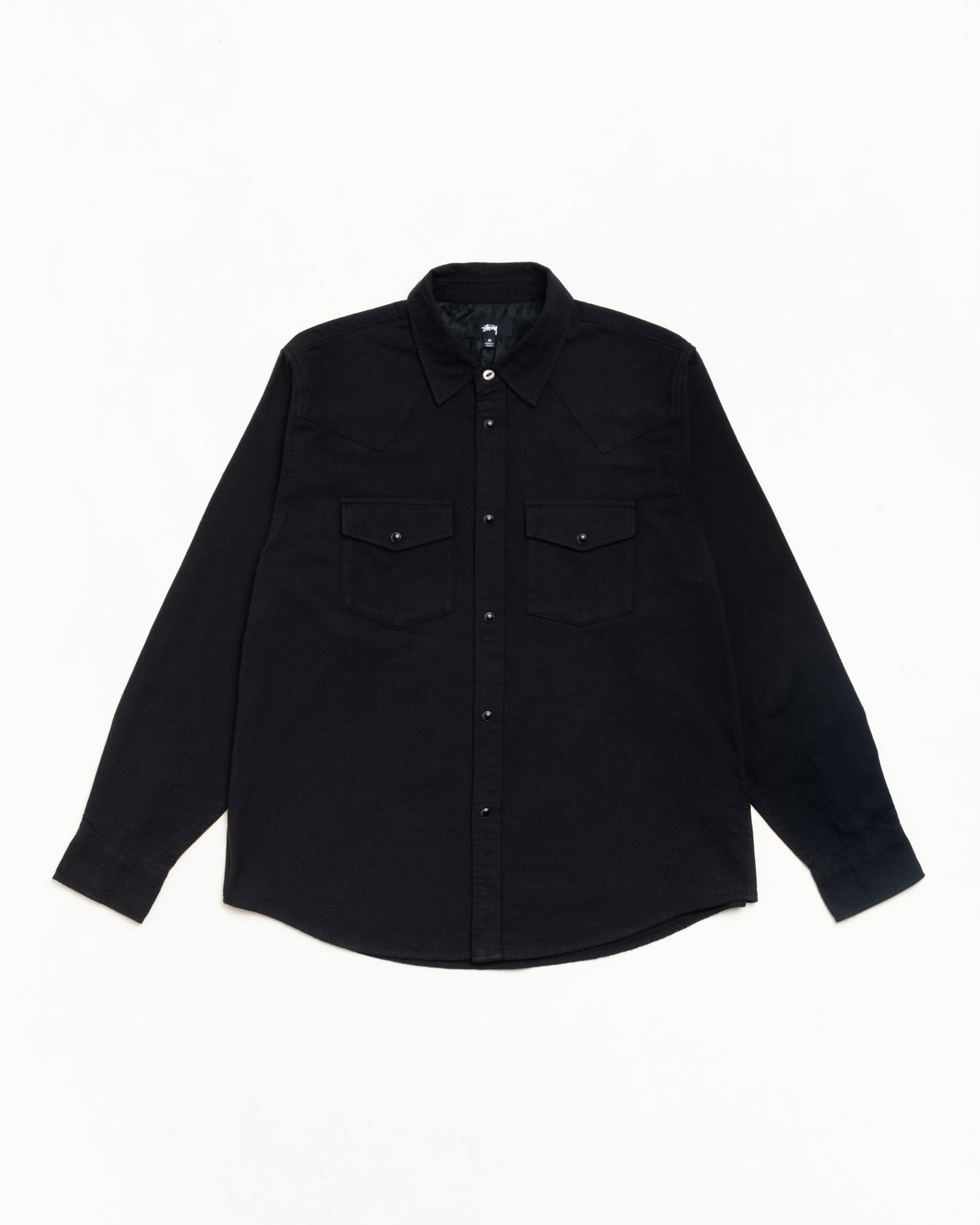 Black cotton-silk Western shirt, long sleeve with snap buttons and two chest pockets