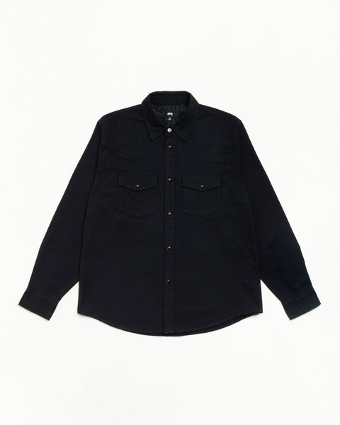 Black cotton-silk Western shirt, long sleeve with snap buttons and two chest pockets