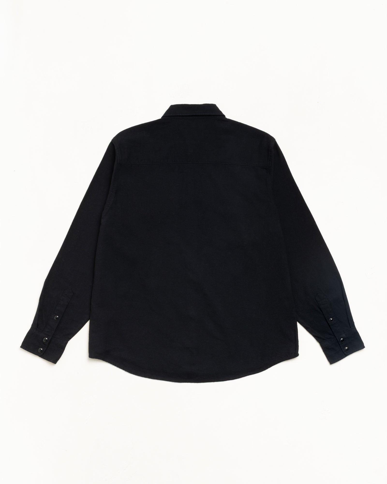Black cotton-silk Western shirt, unisex long sleeve, back view with yoke and curved hem