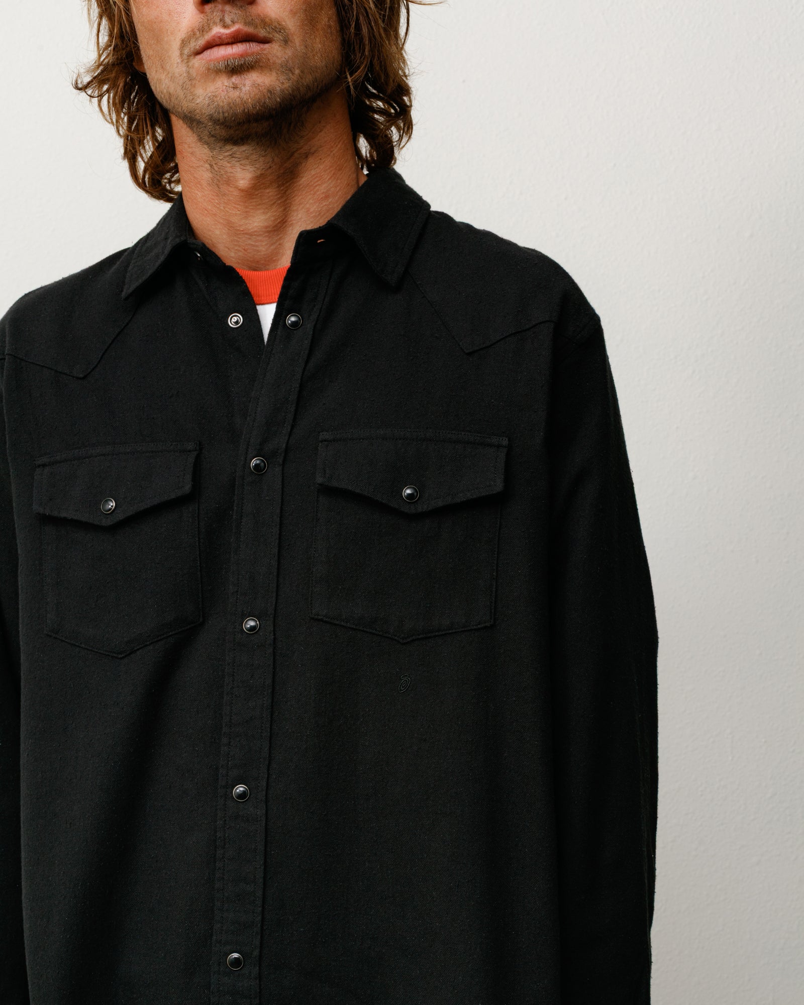 Cotton Silk Western Long Sleeve Shirt In Black With Snap Front And Dual Flap Chest Pockets On Model