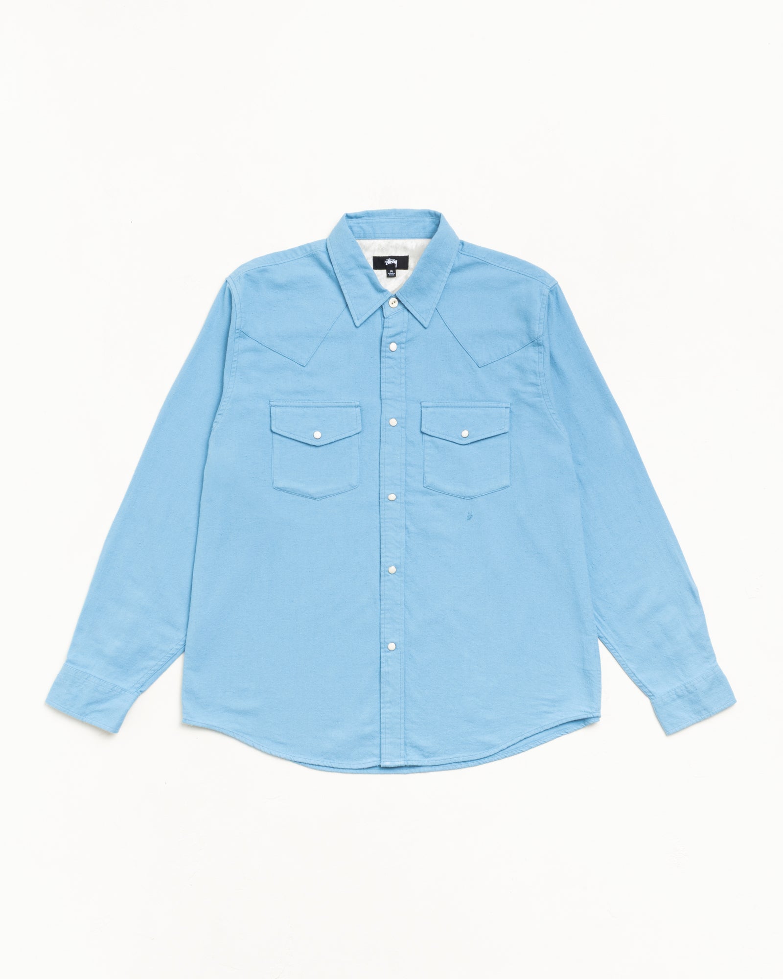 Blue cotton-silk unisex Western shirt, long sleeve with snap front and chest pockets