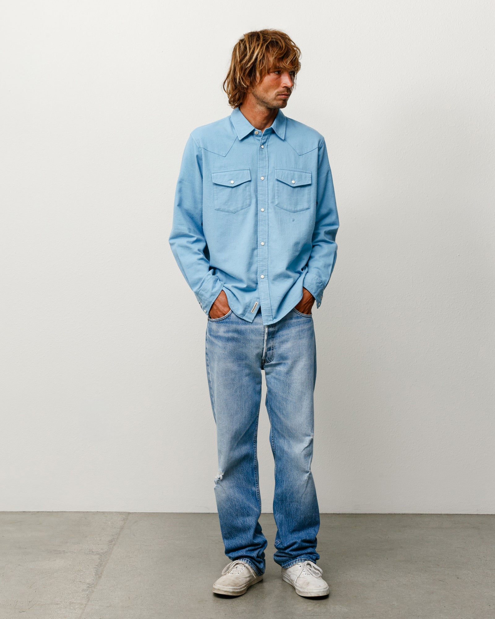 Cotton Silk Western Shirt Unisex Long Sleeve In Blue