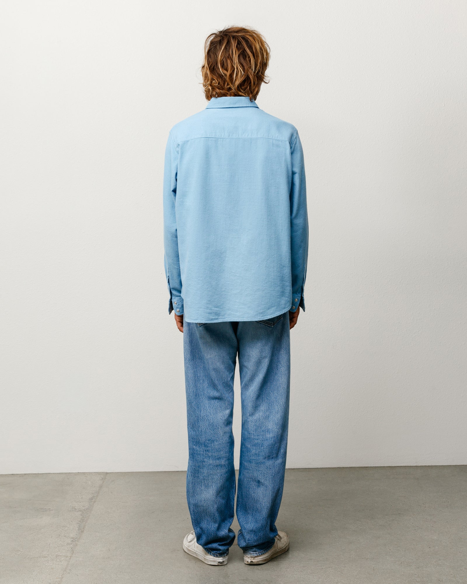 Cotton Silk Western Shirt Unisex Long Sleeve In Blue Back View