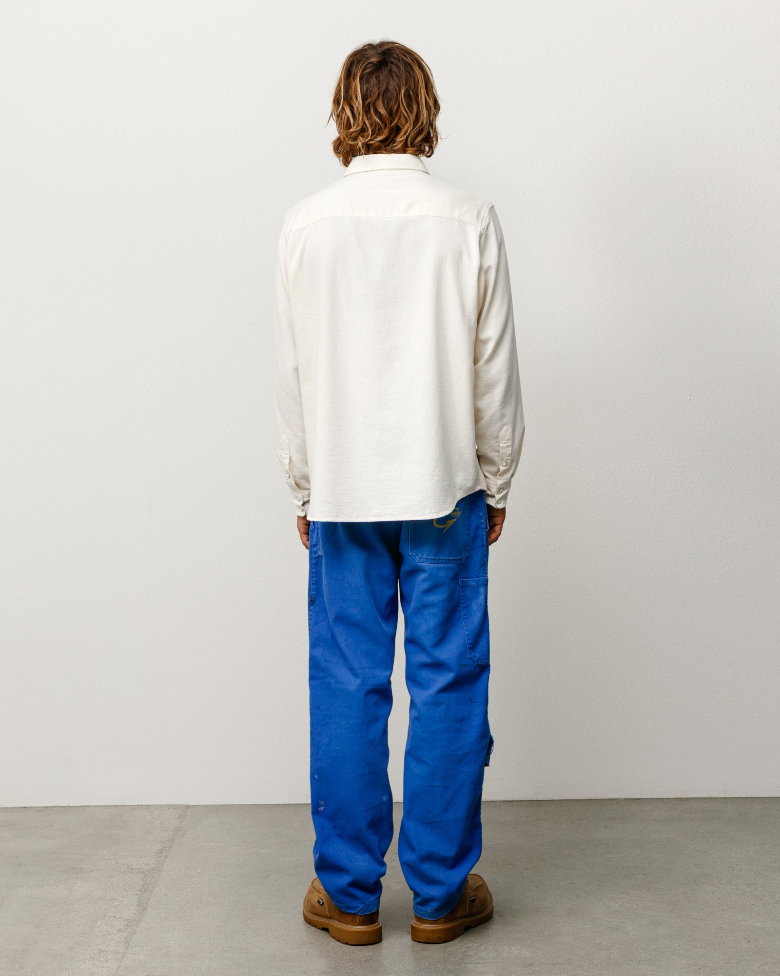 Cotton Silk Western Shirt Unisex Long Sleeve In Off White, Back View On Model
