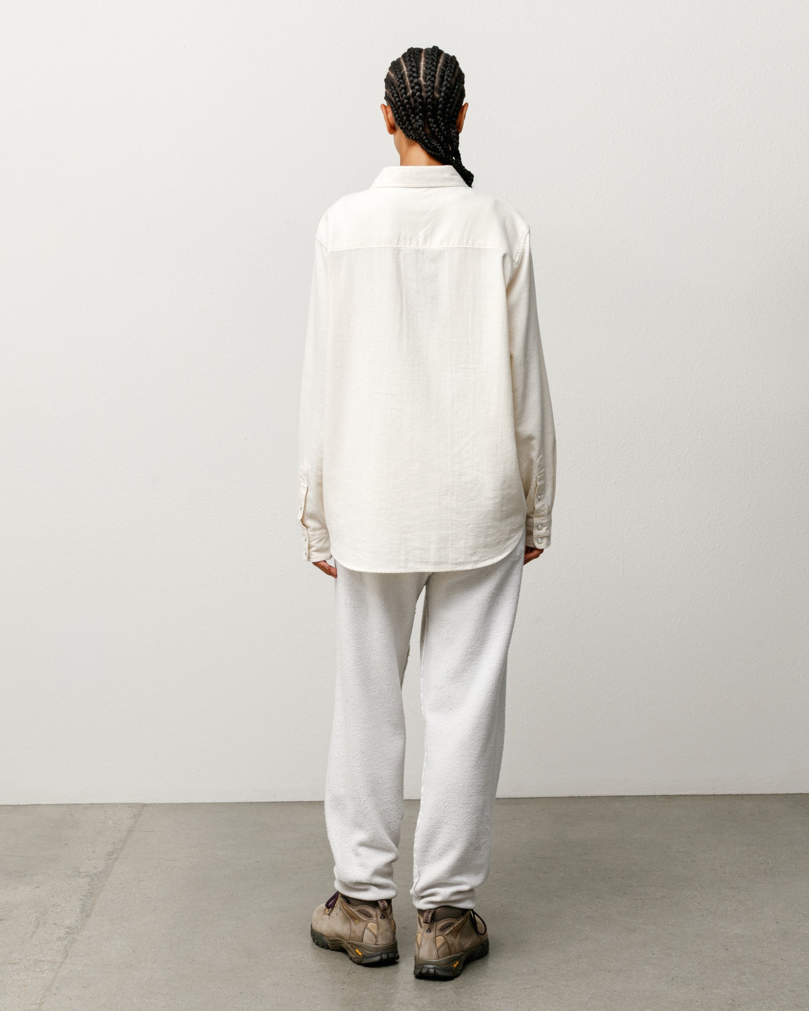Cotton Silk Western Shirt Unisex Long Sleeve In Off White Back View On Model