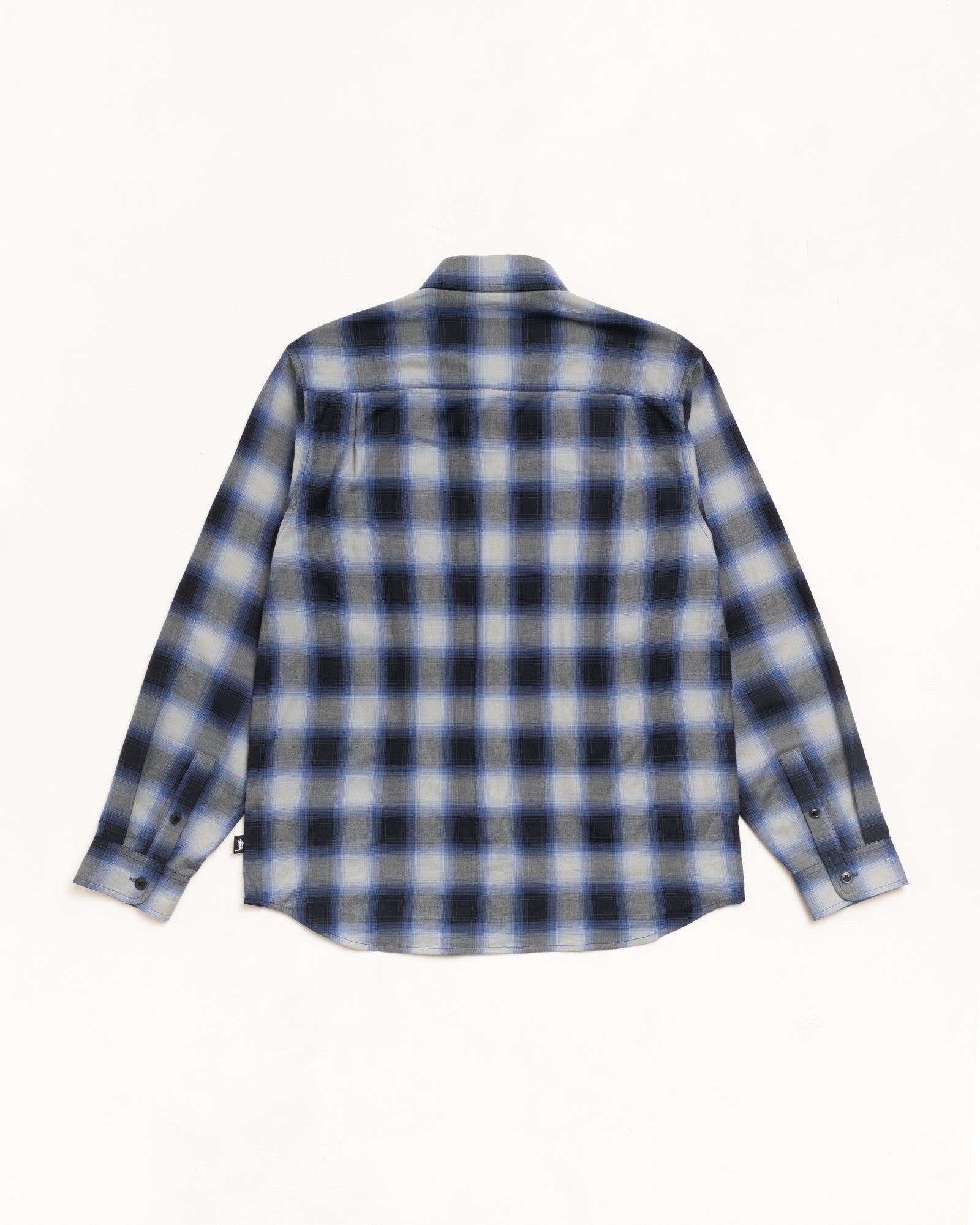 Beach Ombre Plaid Shirt Unisex Long Sleeve In Black, Back View With Curved Hem