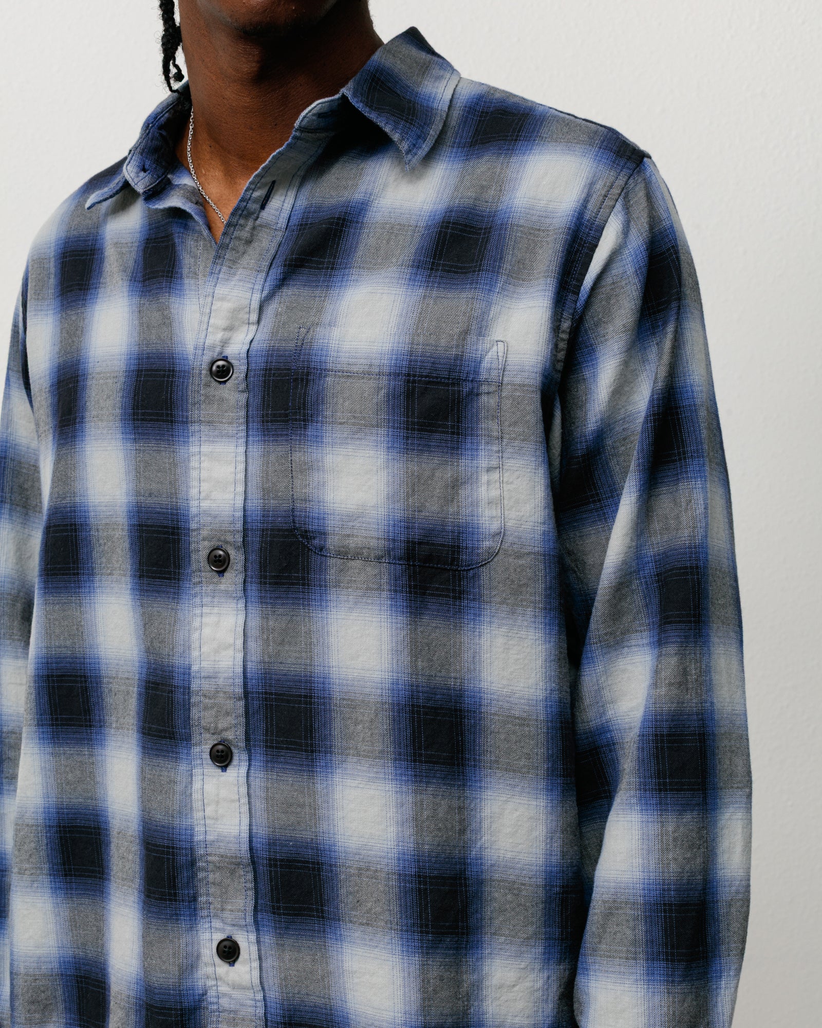Black ombre check shirt in washed cotton, long-sleeved with button front and chest pocket