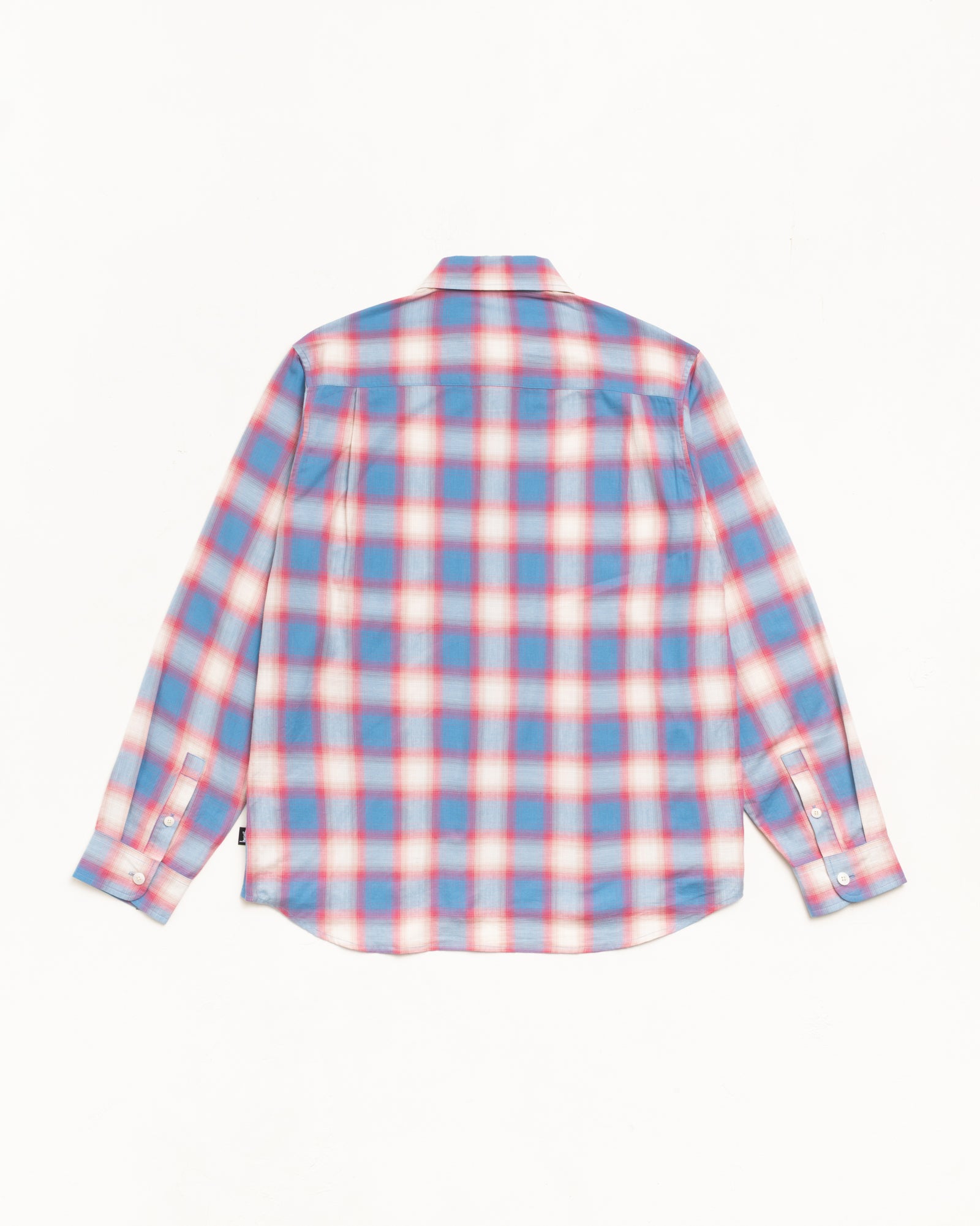 Beach Ombre Plaid Shirt Unisex Long Sleeve In Blue, back view laid flat