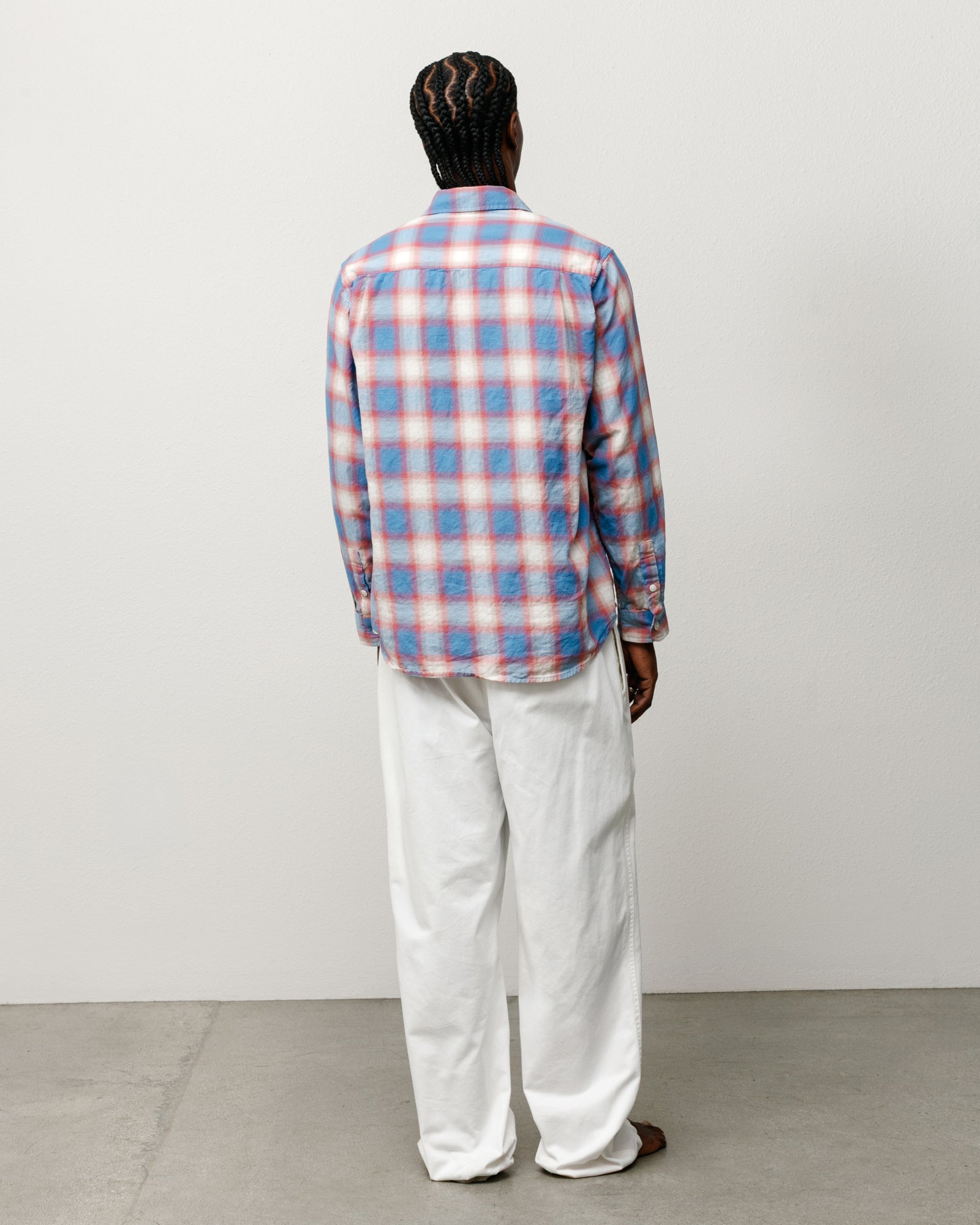 Beach Ombre Plaid Shirt Unisex Relaxed Washed Cotton Long Sleeve In Blue, Back View