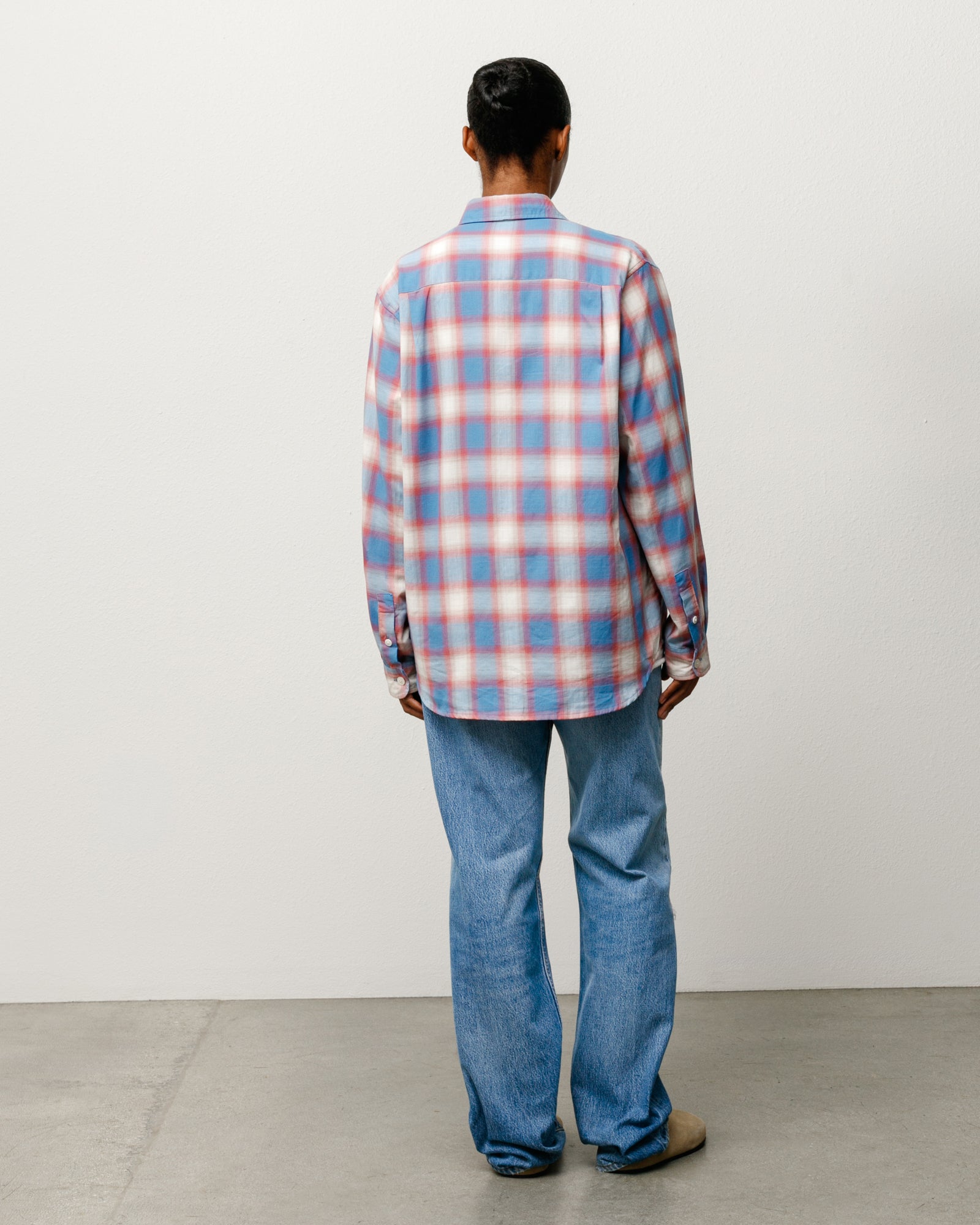 Beach Ombre Plaid Shirt Unisex Relaxed Fit Long Sleeve In Blue, back view