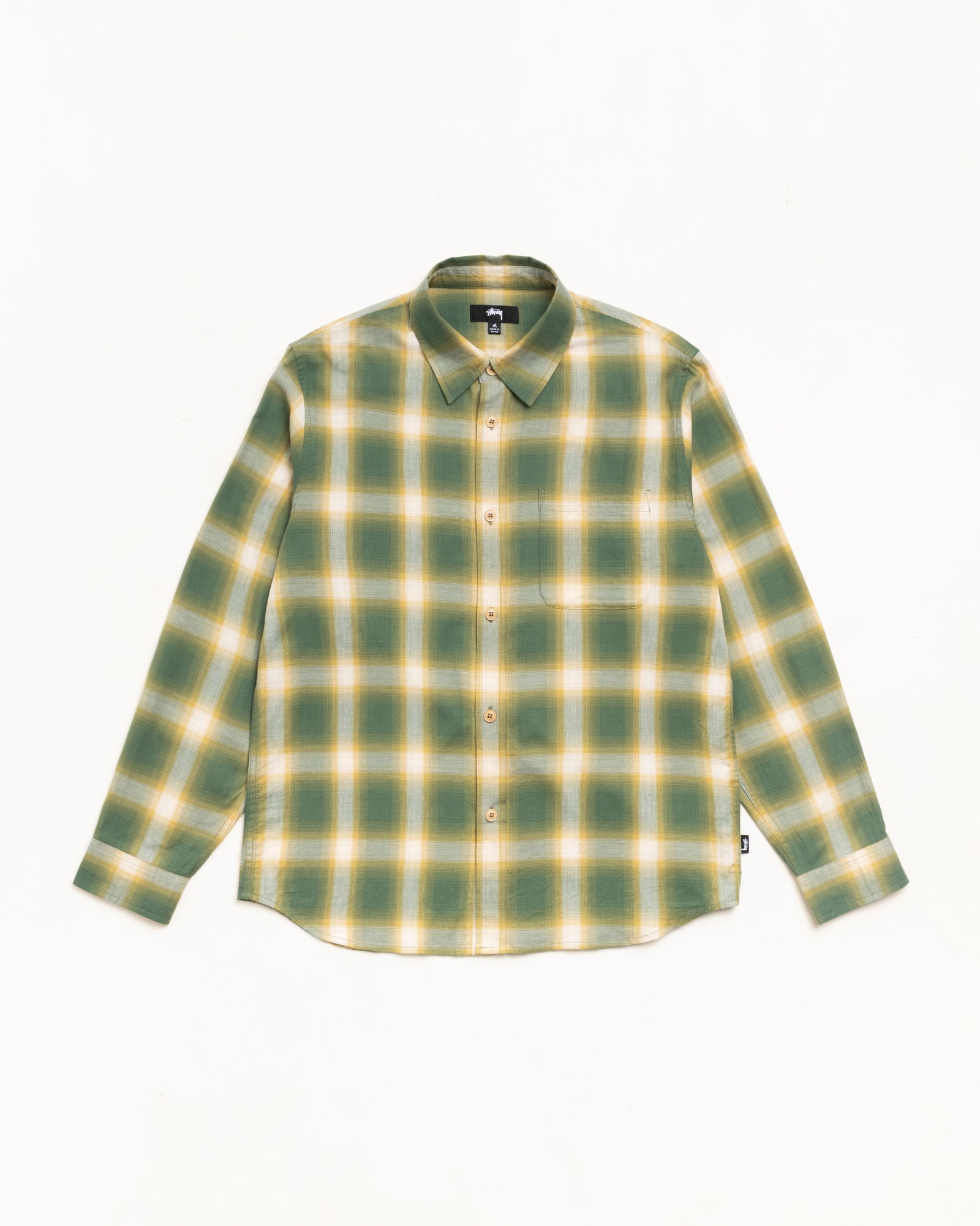 Green Ombre Plaid Button-Up Shirt Unisex Long Sleeve With Chest Pocket