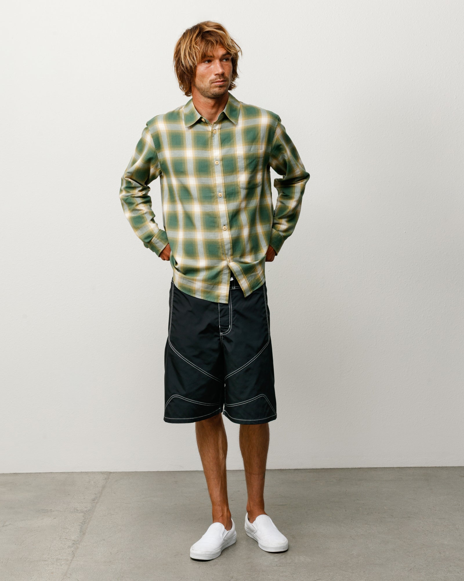 Beach Ombre Plaid Shirt Unisex Long Sleeve In Green On Model Front View