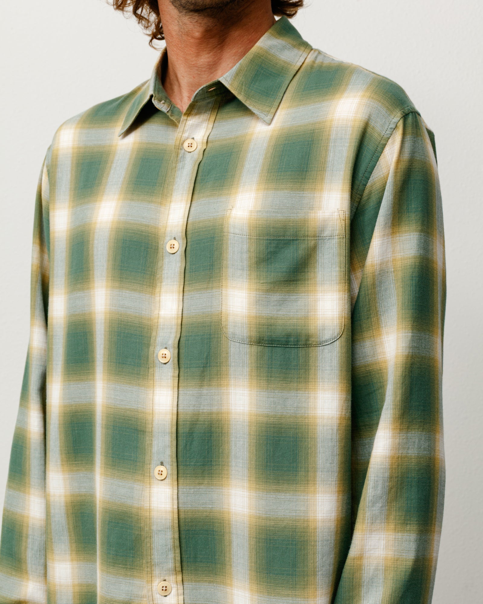 Ombre Plaid Shirt Unisex Long Sleeve In Green, Button Front With Chest Pocket
