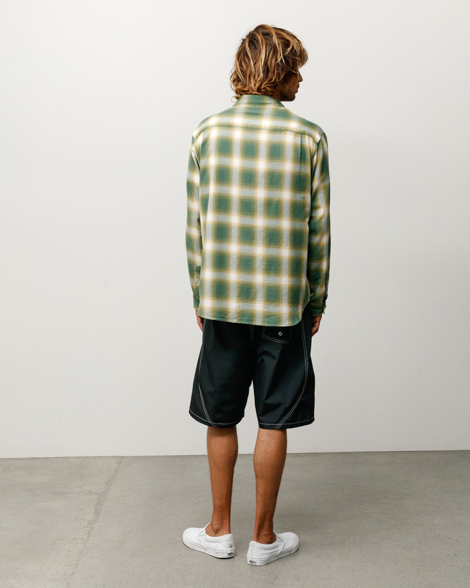 Beach Ombre Plaid Shirt Unisex Long Sleeve In Green, back view on model