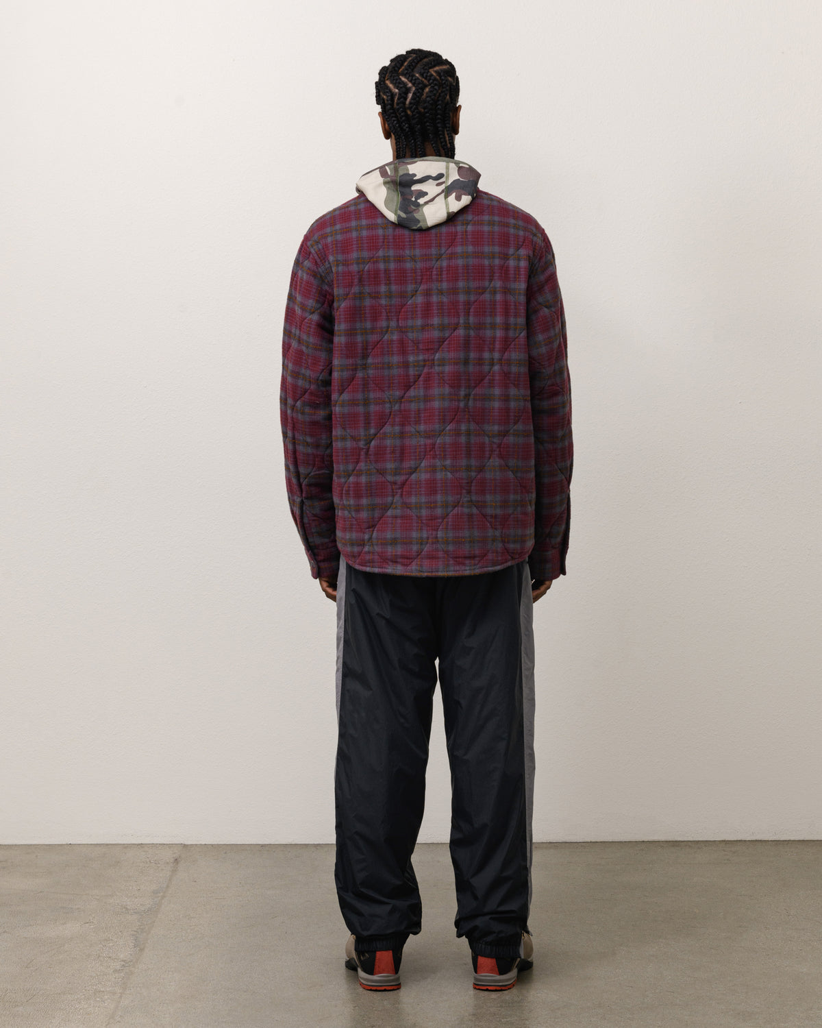 Quilted Plaid Shirt Jacket Unisex Long Sleeve In Grey