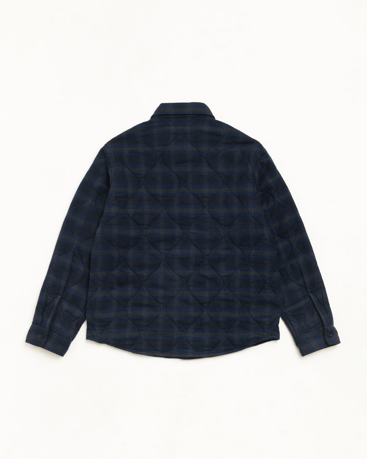 Quilted Plaid Shirt Jacket Unisex Long Sleeve In Navy