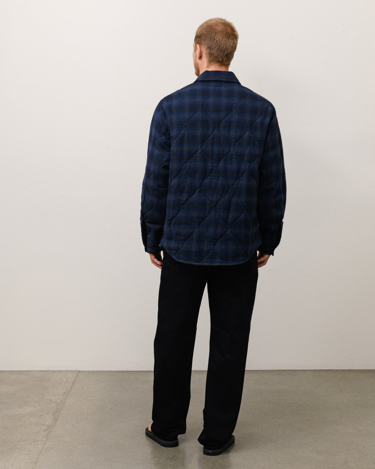 Quilted Plaid Shirt Jacket Unisex Long Sleeve In Navy