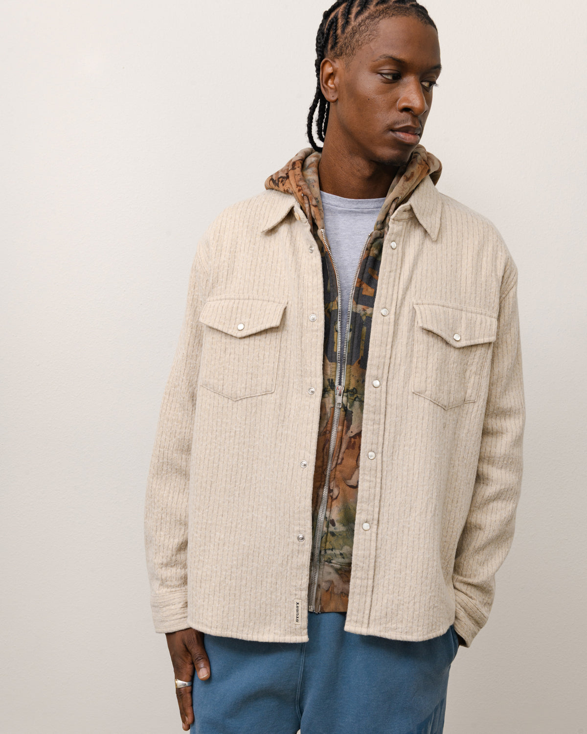 Brushed Wool Western Shirt Unisex Long Sleeve In Natural