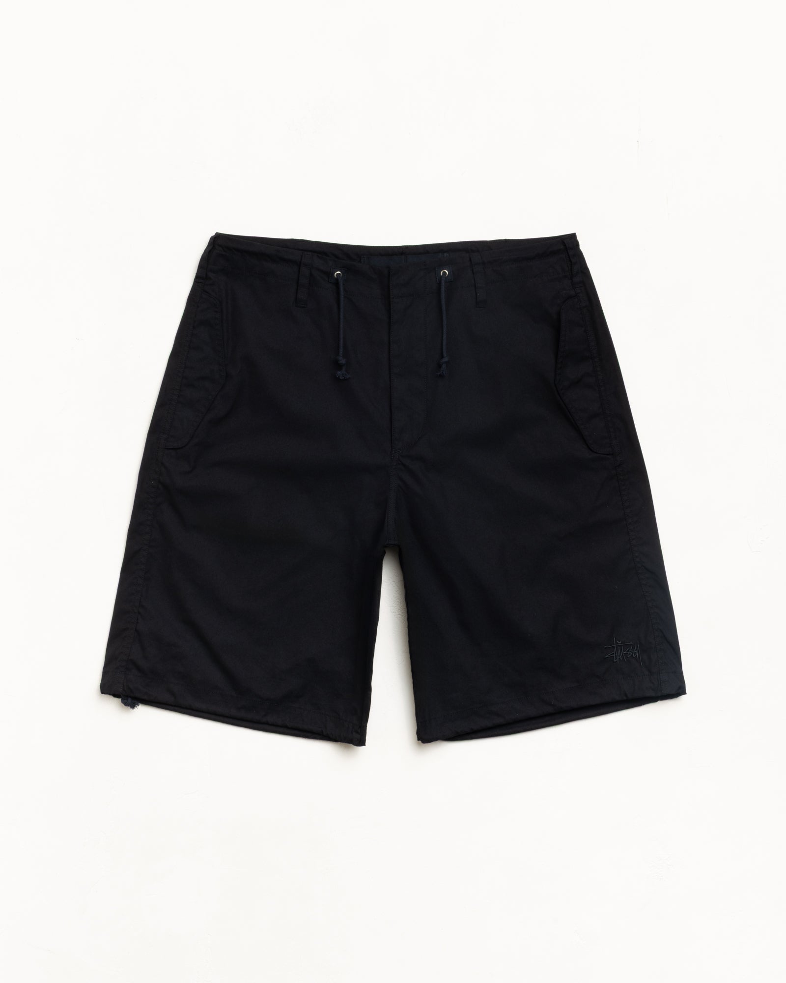 Black unisex shorts with drawcord waist, regular fit and subtle logo embroidery