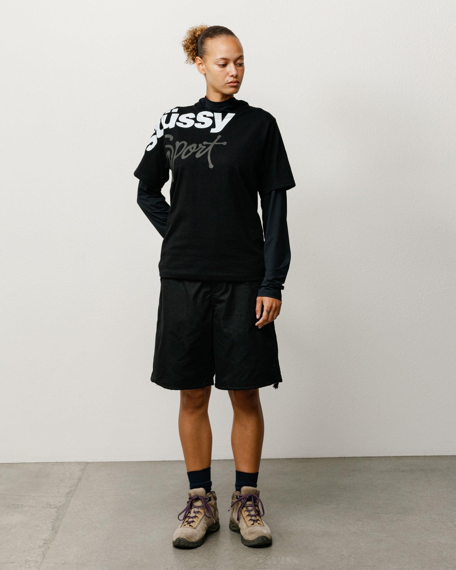 Surplus Short Unisex Baggy Cotton-Nylon In Black On Model With Drawcord Waist