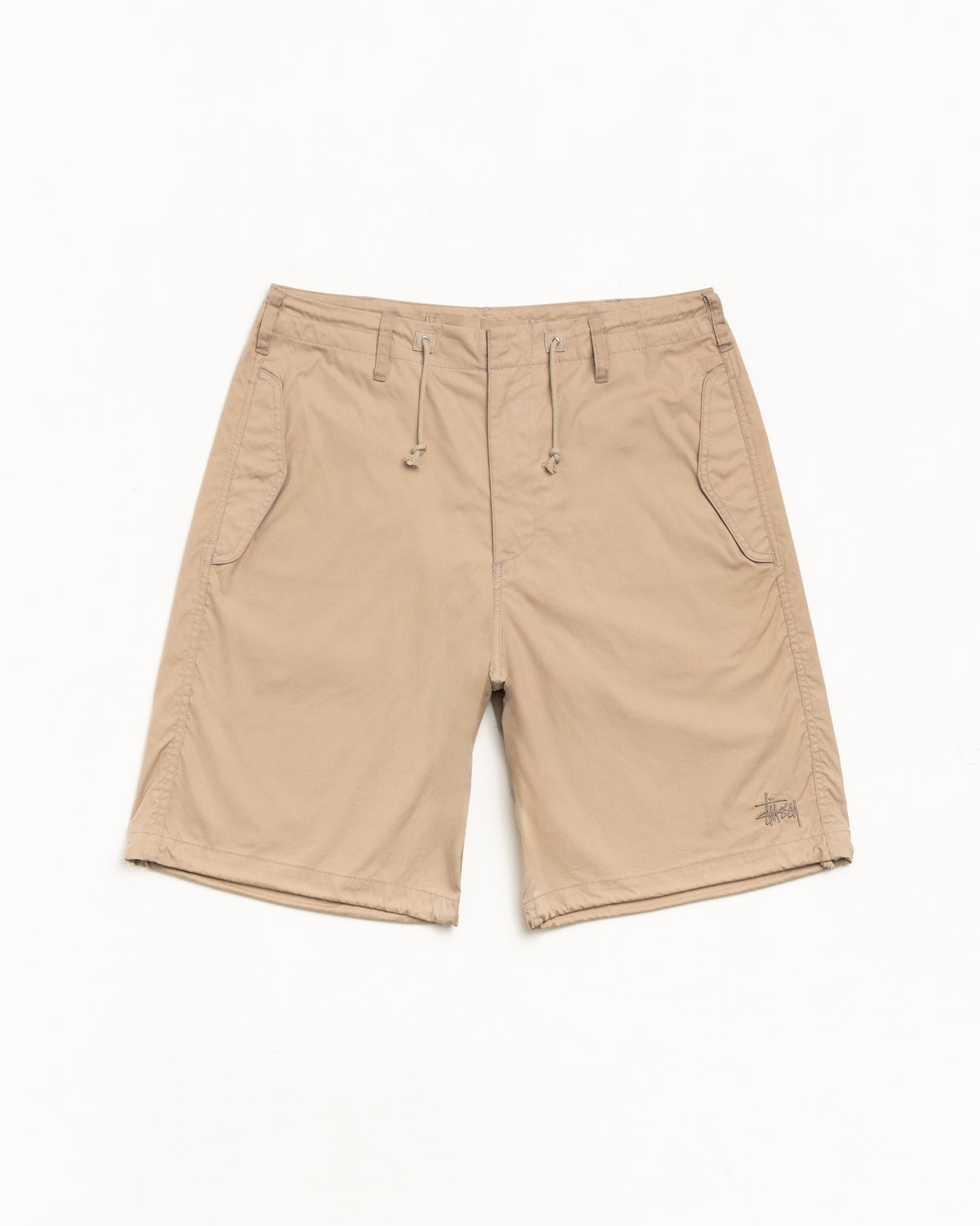 Khaki cotton-nylon baggy shorts with drawcord waist, zip fly and embroidered logo