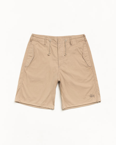 Khaki cotton-nylon baggy shorts with drawcord waist, zip fly and embroidered logo