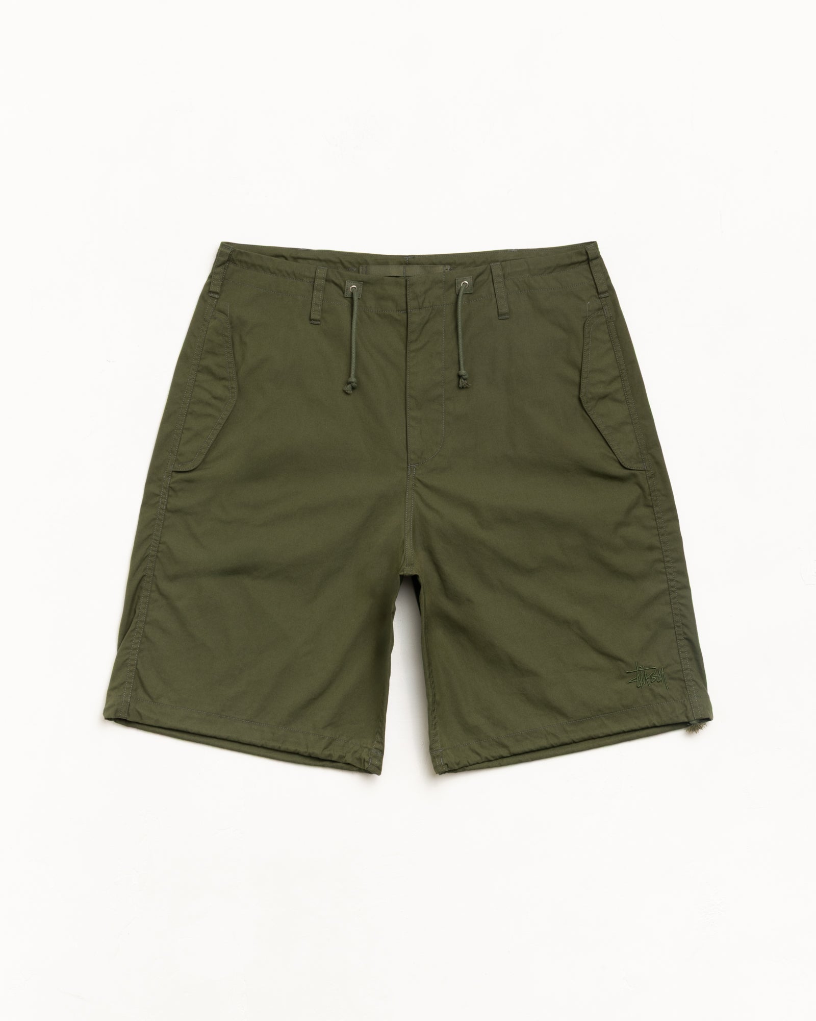 Olive green unisex shorts with drawcord waistband, belt loops and tonal logo