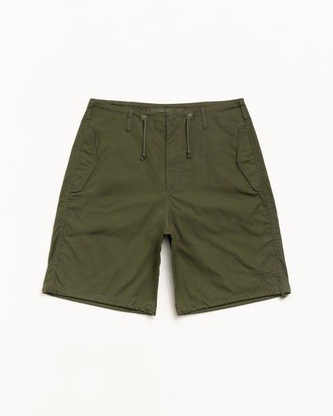 Olive green unisex shorts with drawcord waistband, belt loops and tonal logo
