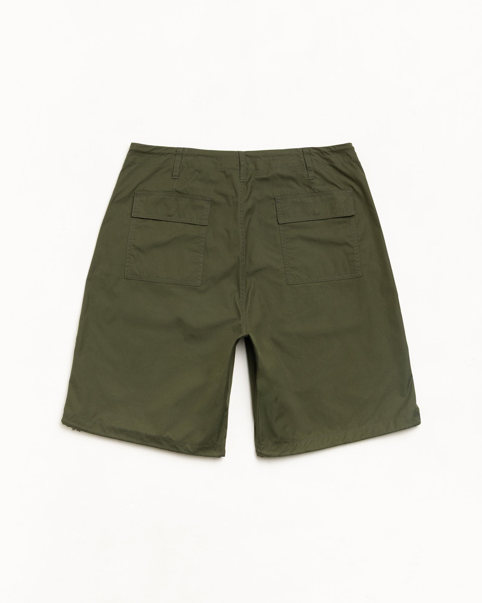 Olive cotton-nylon utility shorts with drawcord waist, zip fly and tonal logo embroidery