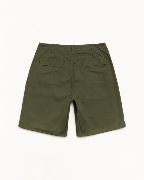 Olive cotton-nylon utility shorts with drawcord waist, zip fly and tonal logo embroidery