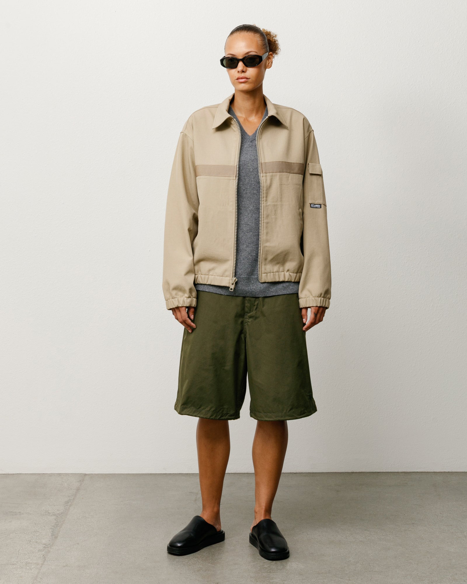 Surplus Short Unisex Baggy Knee-Length In Olive, On-Body Styled With Beige Jacket