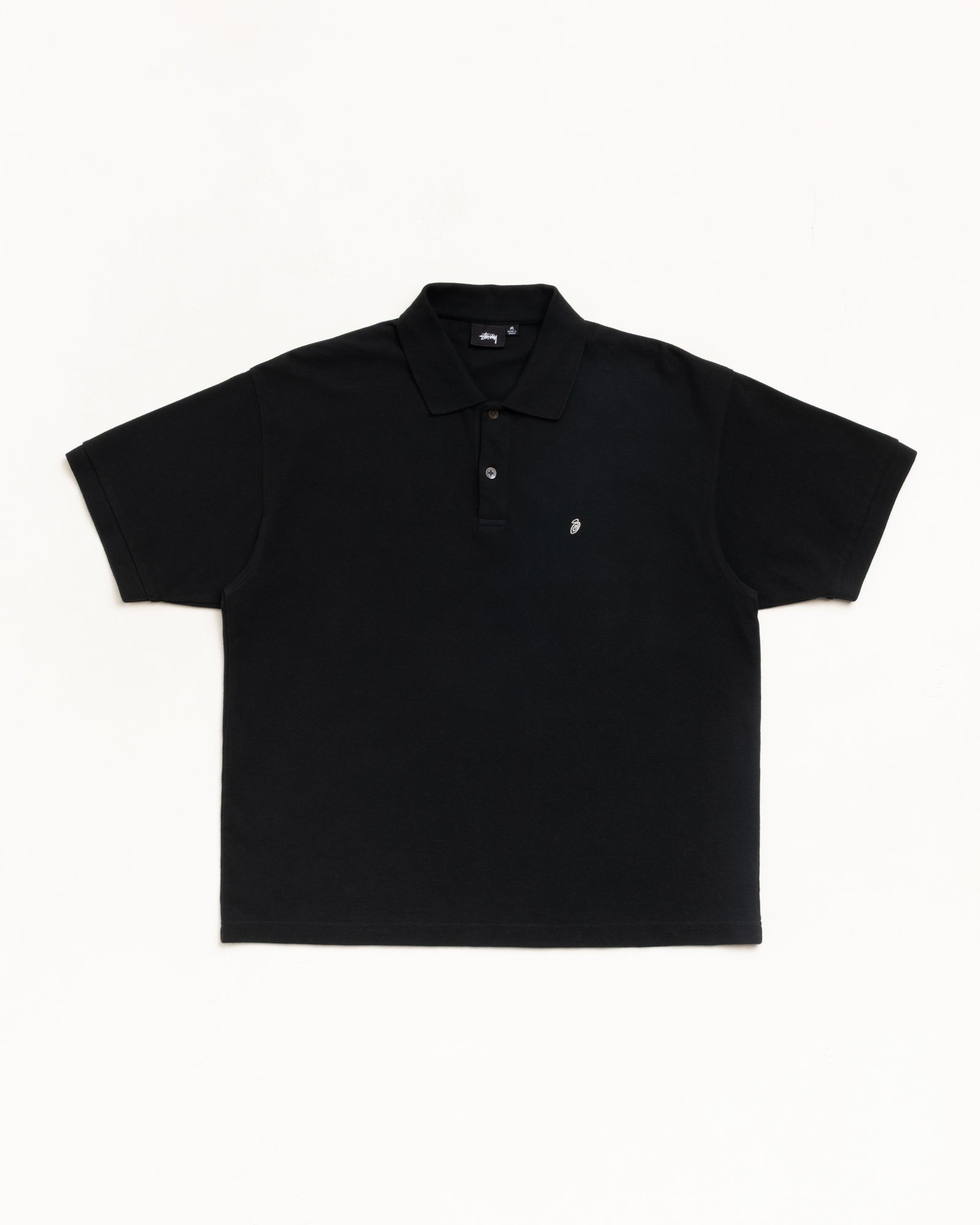 Black pique polo shirt, unisex short sleeve with classic collar and button placket