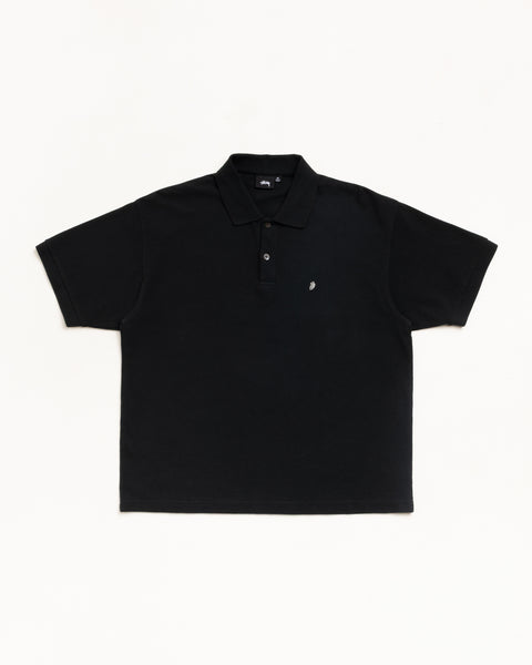 Black pique polo shirt, unisex short sleeve with classic collar and button placket