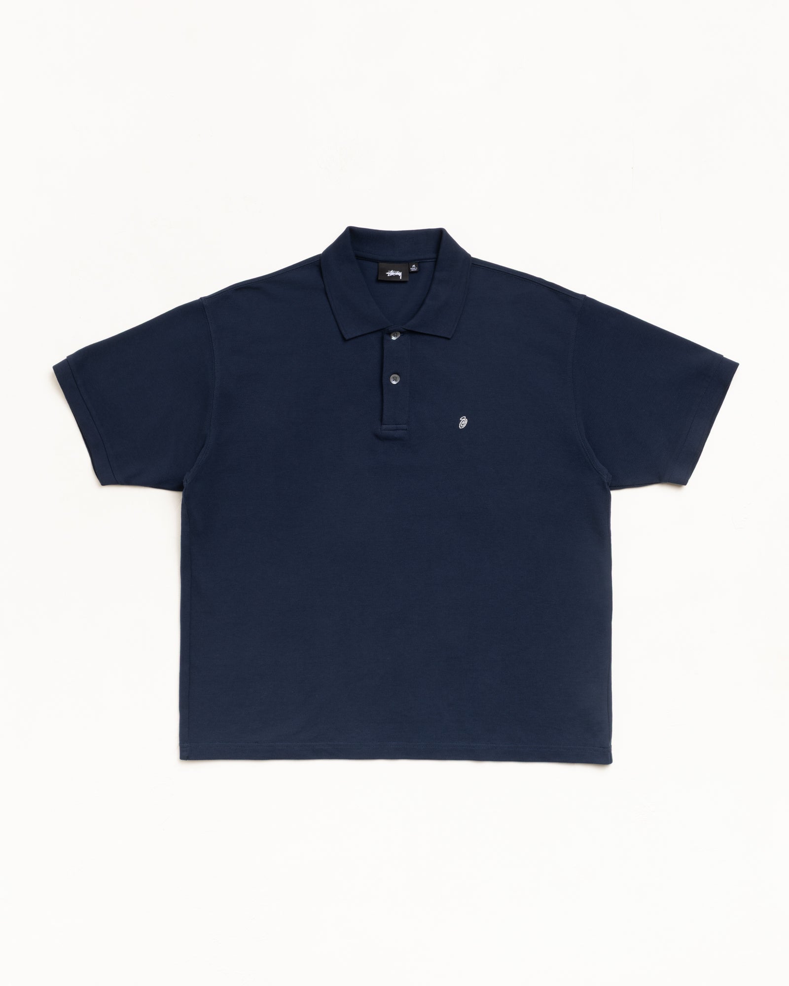 Navy pique cotton polo, unisex short sleeve with rib collar, 3-button placket and chest embroidery