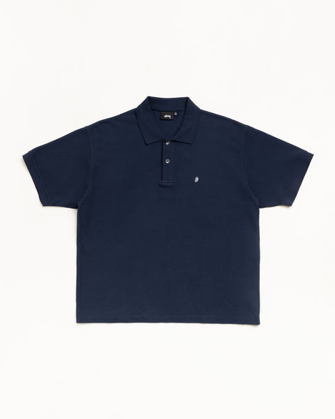 Navy pique cotton polo, unisex short sleeve with rib collar, 3-button placket and chest embroidery