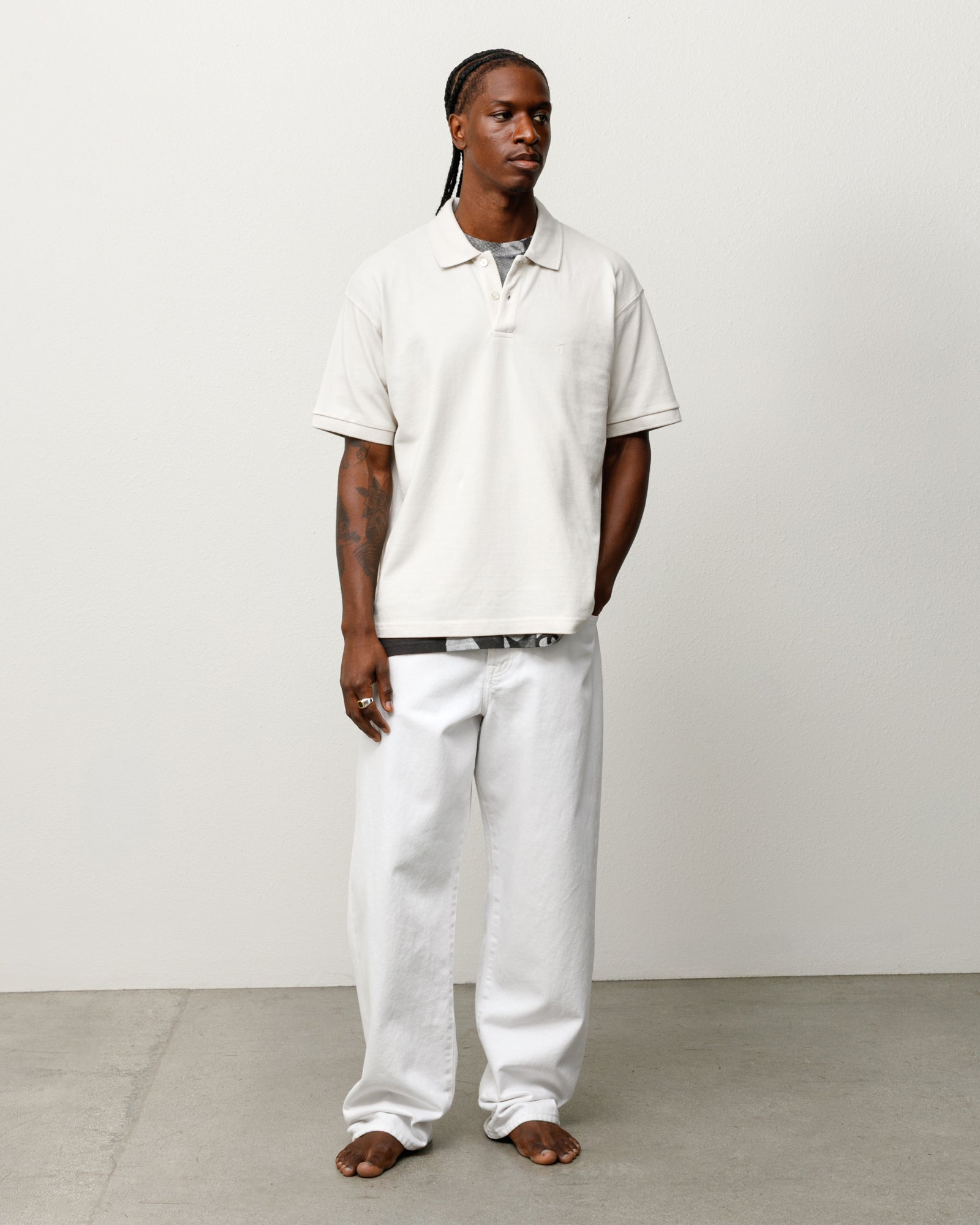 Off White Cotton Pique Polo Unisex Short Sleeve With Rib Collar