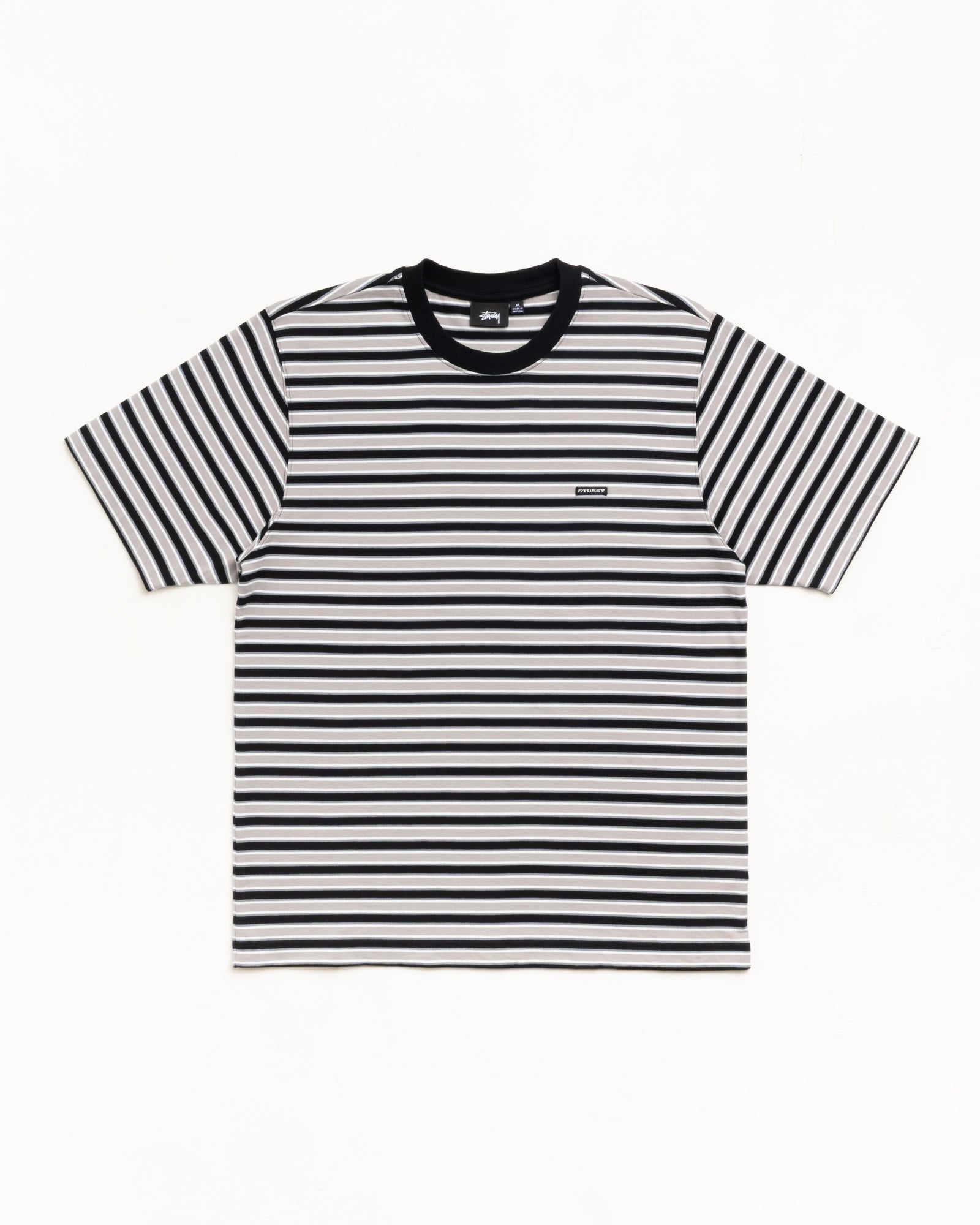 Black short-sleeve tee with horizontal stripes and a ribbed crew neck