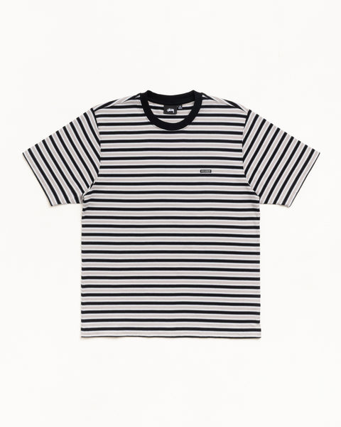 Black short-sleeve tee with horizontal stripes and a ribbed crew neck