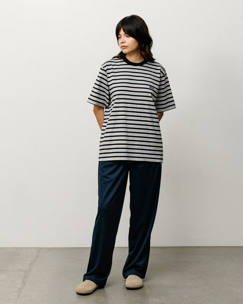 Black striped unisex short sleeve tee with ribbed crew neck