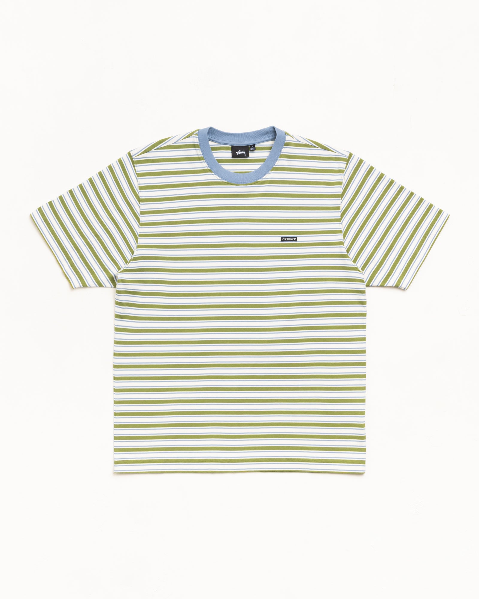 Beach Stripe Unisex Short Sleeve Tee in Moss Green with Blue Contrast Crewneck