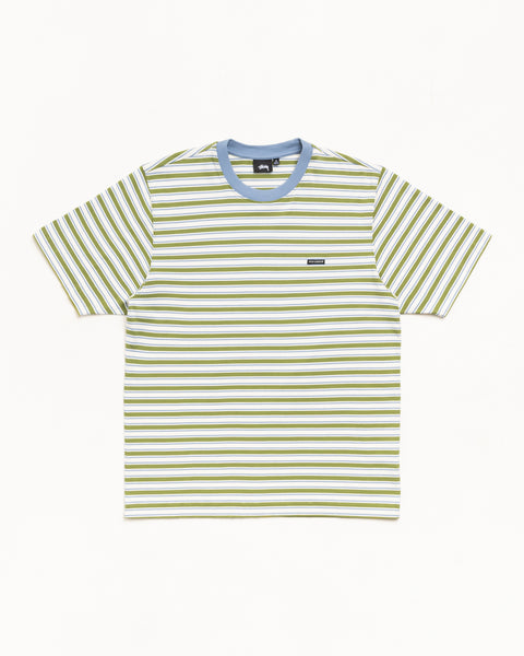 Beach Stripe Unisex Short Sleeve Tee in Moss Green with Blue Contrast Crewneck