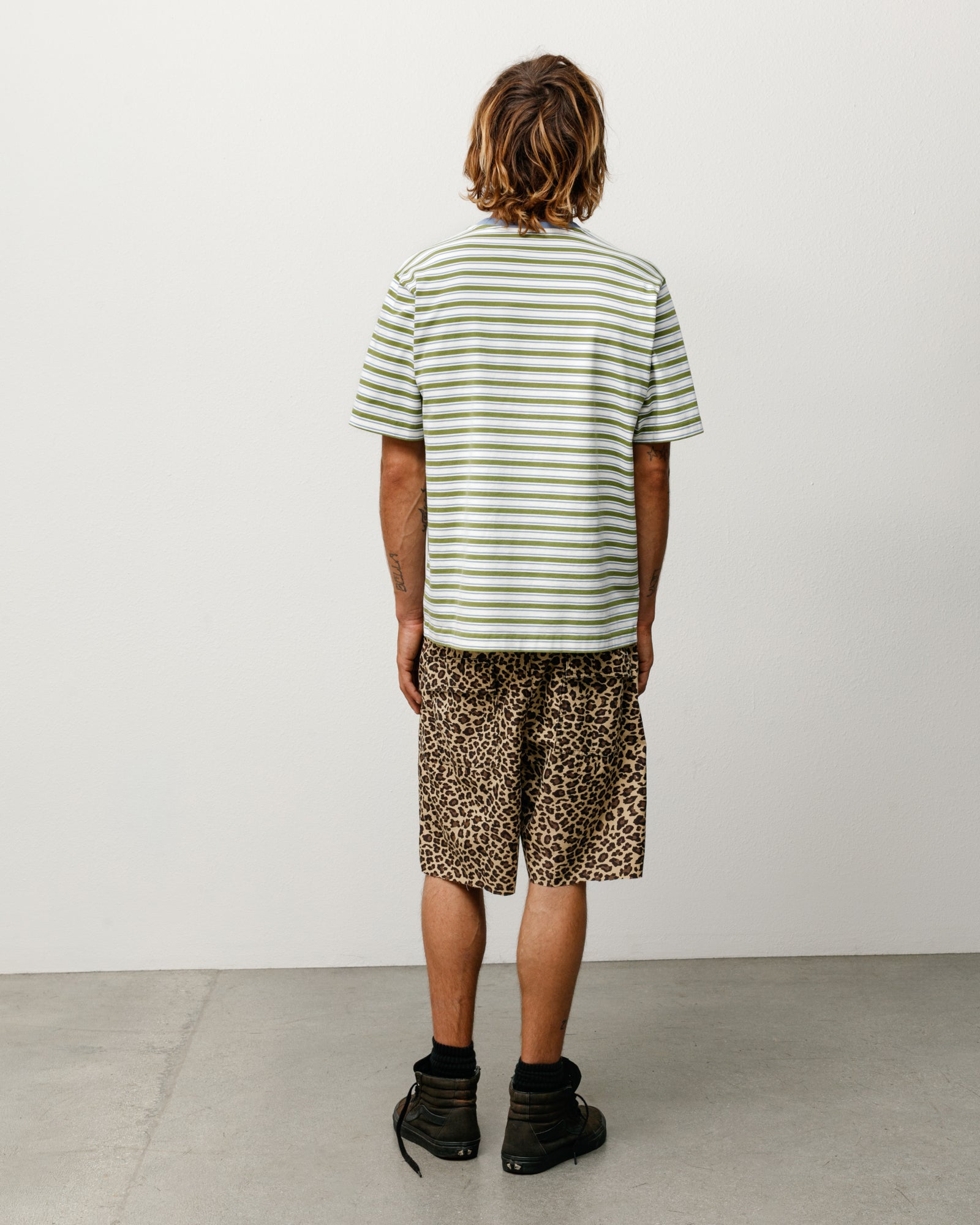 Beach Stripe Tee Unisex Short Sleeve In Moss Green Cotton Jersey Relaxed Fit Back View On Model