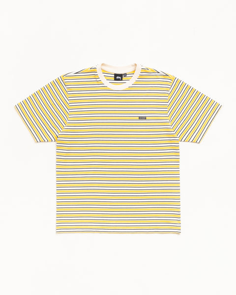 Yellow striped short sleeve tee with white rib crewneck and small chest patch label