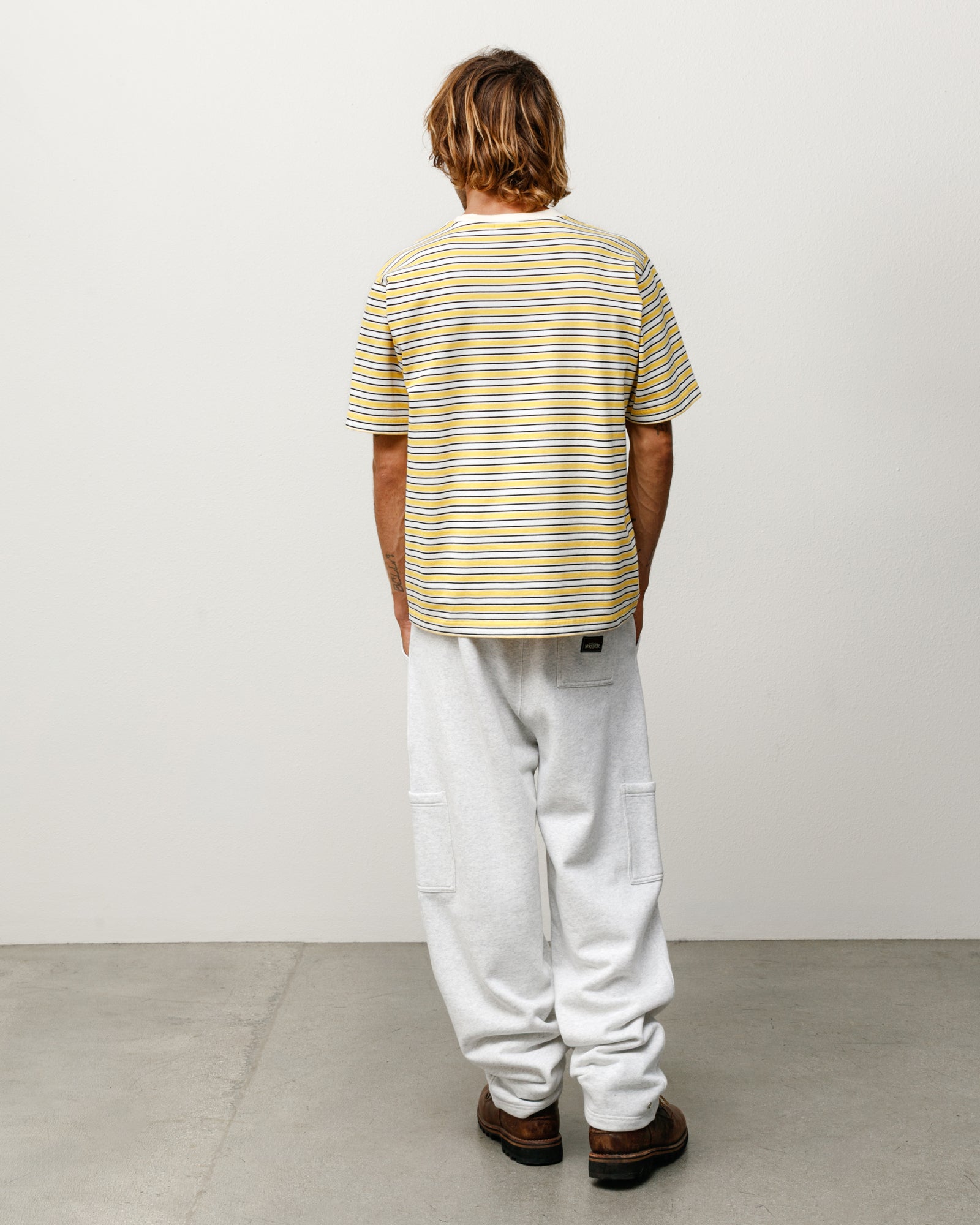 Beach Stripe Tee Mens Short Sleeve In Yellow, back view on model