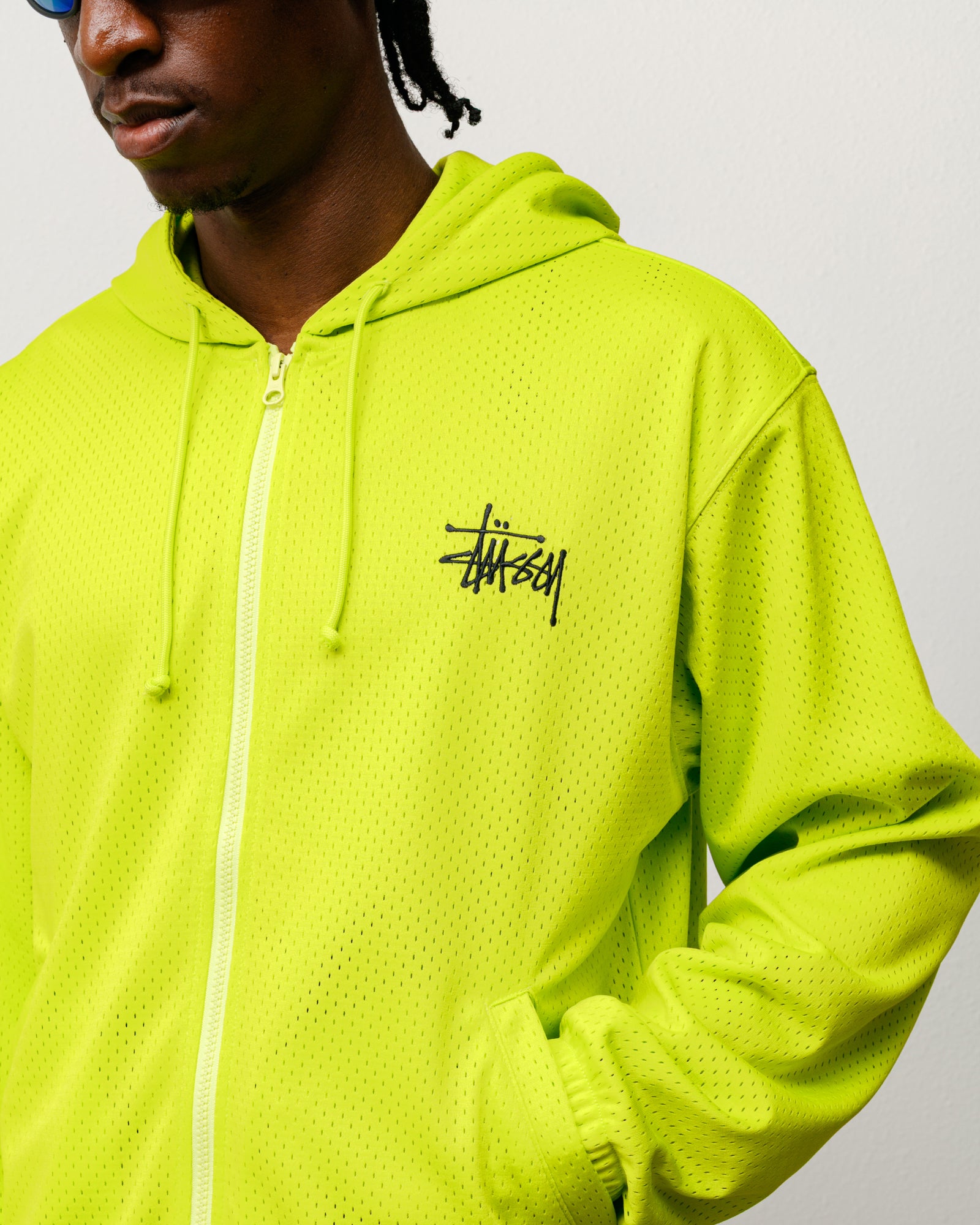 Athletic Mesh Zip Hood Unisex Long Sleeve In Safety Green