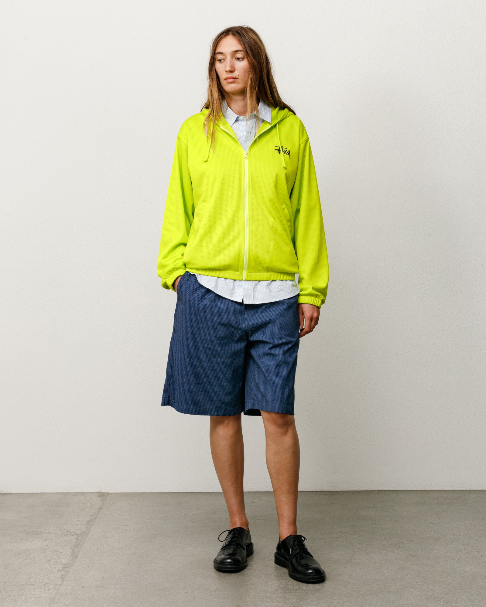 Athletic Mesh Zip Hood Unisex Long Sleeve In Safety Green
